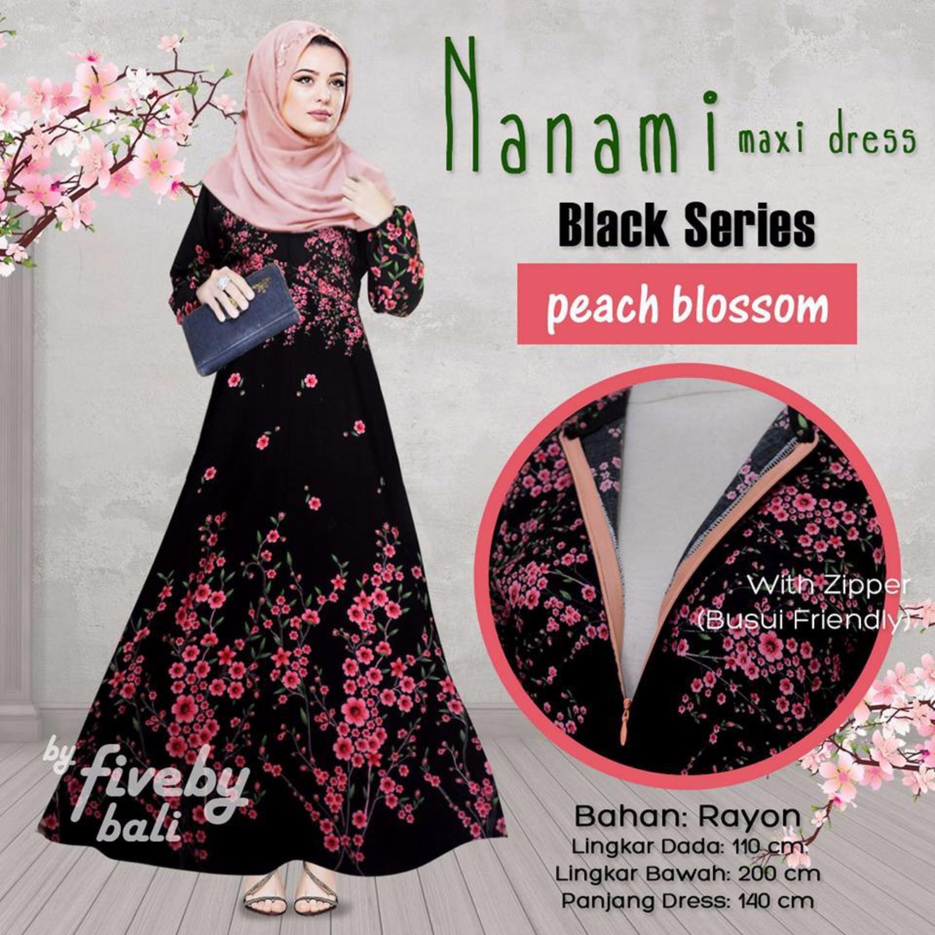 Busana Muslim Elegan Wanita Gamis Rayon Bali Motif Indah NNM Maxi Dress Seri Hitam Warna Peach