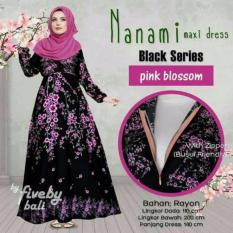 Busana Muslim Elegan Wanita Gamis Rayon Bali Motif Indah NNM Maxi Dress Seri Hitam Warna Pink