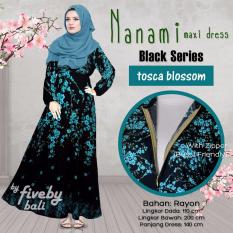Busana Muslim Elegan Wanita Gamis Rayon Bali Motif Indah NNM Maxi Dress Seri Hitam Warna Tosca