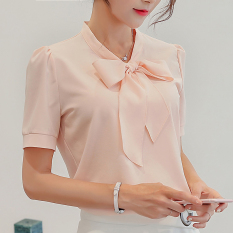 Caidaifei Korea Fashion Style Warna Solid Musim Semi Dan Musim Panas Baru Lengan Pendek Kemeja Bottoming Kemeja (Merah muda) (Merah muda) baju wanita baju atasan kemeja wanita blouse wanita