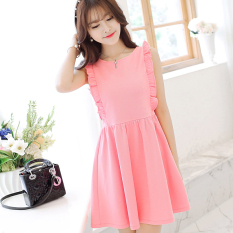 Caidaifei Manis Leher Bulat Flounced Tanpa Lengan Rok Pendek Merajut Gaun (Merah muda) (Merah muda) baju wanita dress wanita Gaun wanita