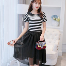 Caidaifei Terlihat Langsing Bergaris Rok Dalaman Korea Fashion Style Lengan Pendek Gaun (Hitam Dan Putih Bergaris) baju wanita dress wanita Gaun wanita