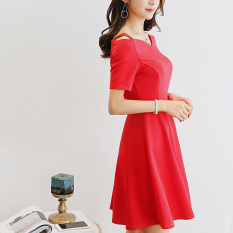 Caidaifei Warna Solid Yard Besar Terlihat Langsing Kasual Gaun (Merah) baju wanita dress wanita Gaun wanita
