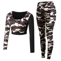 Camo Sport Kebugaran Tight Sexy Sport Suit 2 Pcs Patchwork Yoga Set Girls Belly Shirt Setelan Celana Joging untuk Wanita (Coklat Hijau) -Intl