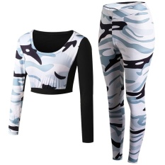 Camo Sport Kebugaran Tight Sexy Sport Suit 2 Pcs Patchwork Yoga Set Girls Belly Shirt Setelan Celana Joging untuk Wanita (putih) -Intl