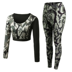 Camo Sport Kebugaran Tight Sexy Sport Suit 2 Pcs Patchwork Yoga Set Girls Belly Shirt Setelan Celana Joging untuk Wanita (Tentara Hijau) -Intl