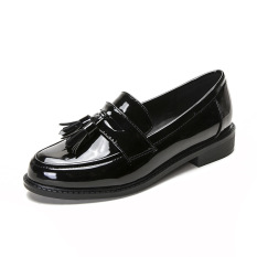Carrefour Ala Inggris Perempuan Musim Semi Baru Putaran Sepatu Kulit Kecil (Hitam)