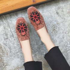 Carrefour Datar Kasual Sepatu Kulit Kacang Sepatu SLIP ON Korea Fashion Style Sepatu Hak Perempuan (Coklat Model Crown)