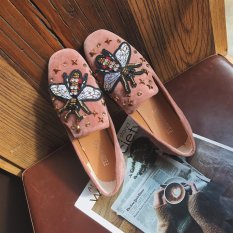 Carrefour Datar Kasual Sepatu Kulit Kacang Sepatu SLIP ON Korea Fashion Style Sepatu Hak Perempuan (Coklat Model Kupu-kupu)