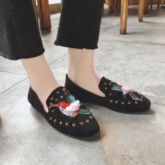 Carrefour Datar Kasual Sepatu Kulit Kacang Sepatu SLIP ON Korea Fashion Style Sepatu Hak Perempuan (Hitam Model Burung)