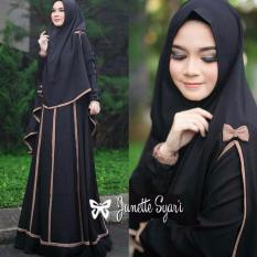 Cassaly fashion Janetta Syari Hitam, gamis dan khimar jersey tebal dengan lis garis di gamis dan khimar, fit to L