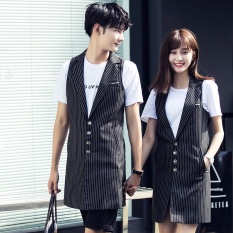 Casual Unisex Black Pinstripe Bisnis Rompi untuk Pasangan Wanita Laki-laki Panjang Slim Tanpa Lengan Wanita Rompi Jaket-Intl