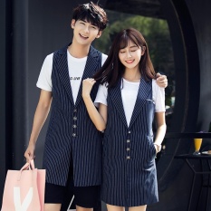 Casual Unisex Biru Tua Pinstripe Bisnis Rompi untuk Pasangan Wanita Laki-laki Panjang Slim Tanpa Lengan Wanita Rompi Jaket-Intl