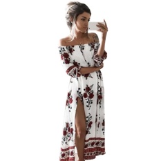 Casual Vintage Musim Panas BoHo Pantai Gaun Leher Hingga Bahu Floral Dicetak Dress-Intl