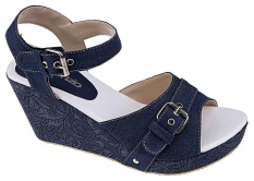 Catenzo NN 040 Sandal Wedges Wanita - bahan denim - rubber outsole - 7cm - cantik dan menarik (blue)
