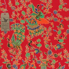 Cek Batik - Kain Batik Motif Modern Burung-burung Cenderawasih Dasar Merah Manis (warna Kombinasi : Hijau Muda, ORange, Biru, Hitam)