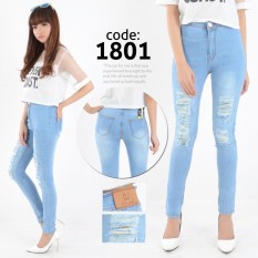 Nusantara Jeans - Celana Panjang Wanita Haigwaist Model Tinggi Sepuser Sobek Tidak Tembus Retsleting Kuat Berbahan Denim - Bleach