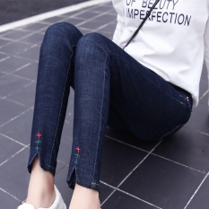Ketat versi Korea dari musim gugur baru celana pensil kaki bordir celana jeans (Biru tua) (Biru tua) baju wanita celana wanita celana jeans wanita