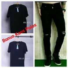 Celana Jeans Pensil Hitam Pria Ripped / Sobek - 7D3696