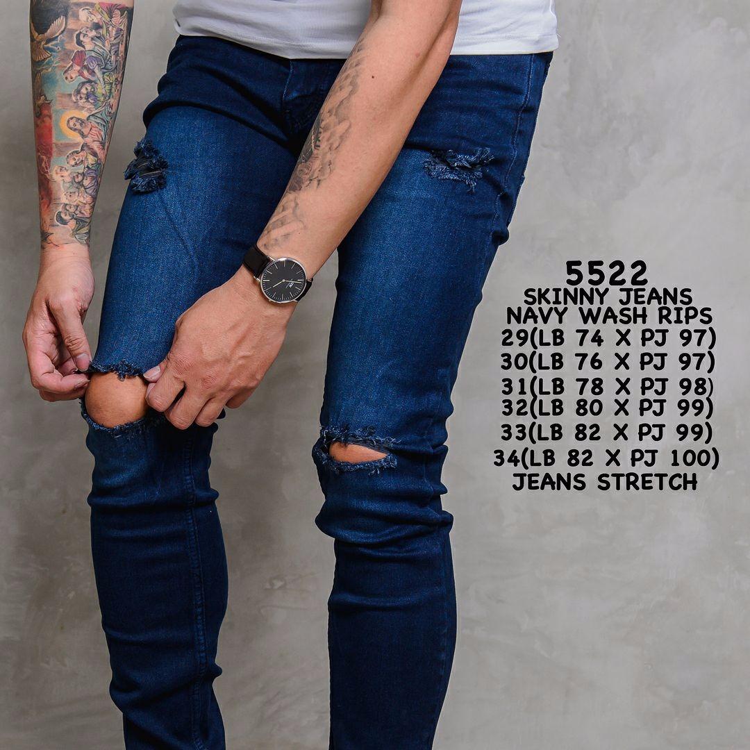 Celana Jeans Pria Navy Thin Brown Sobek Lutut