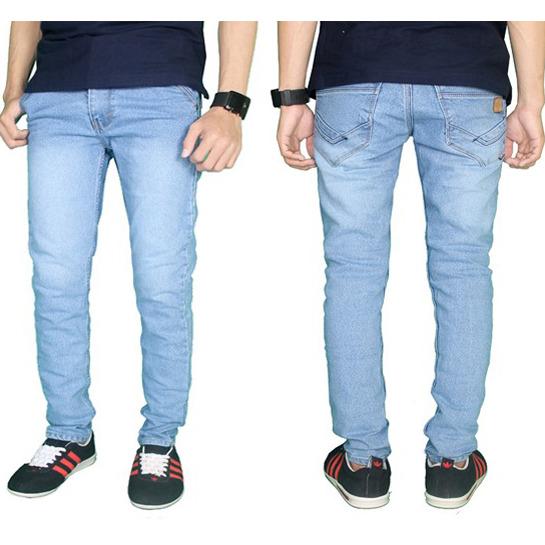 celana jeans pria skiny ngaret slimfit bahan bagus nyaman dipakai biru ice