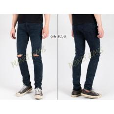 Celana Jeans Robek Lutut Pria Skinny - Pensil - Denim Sobek Di Dengkul Warna Snow Black Cowok PUL18