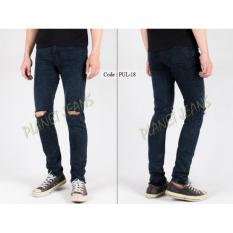 Celana Jeans Robek Lutut Pria Skinny - Pensil - Denim Sobek Di Dengkul Warna Snow Black Cowok PUL18
