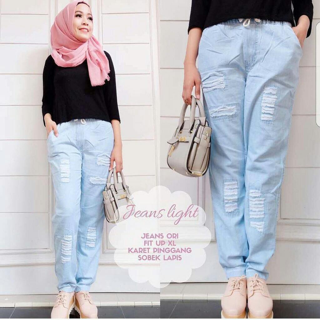 Celana Jeans Wanita Baggy Ripped Warna Light Blue