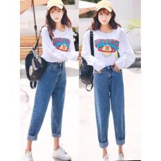 Boyfriend Jeans Celana Plano Med Blue Ancien Store