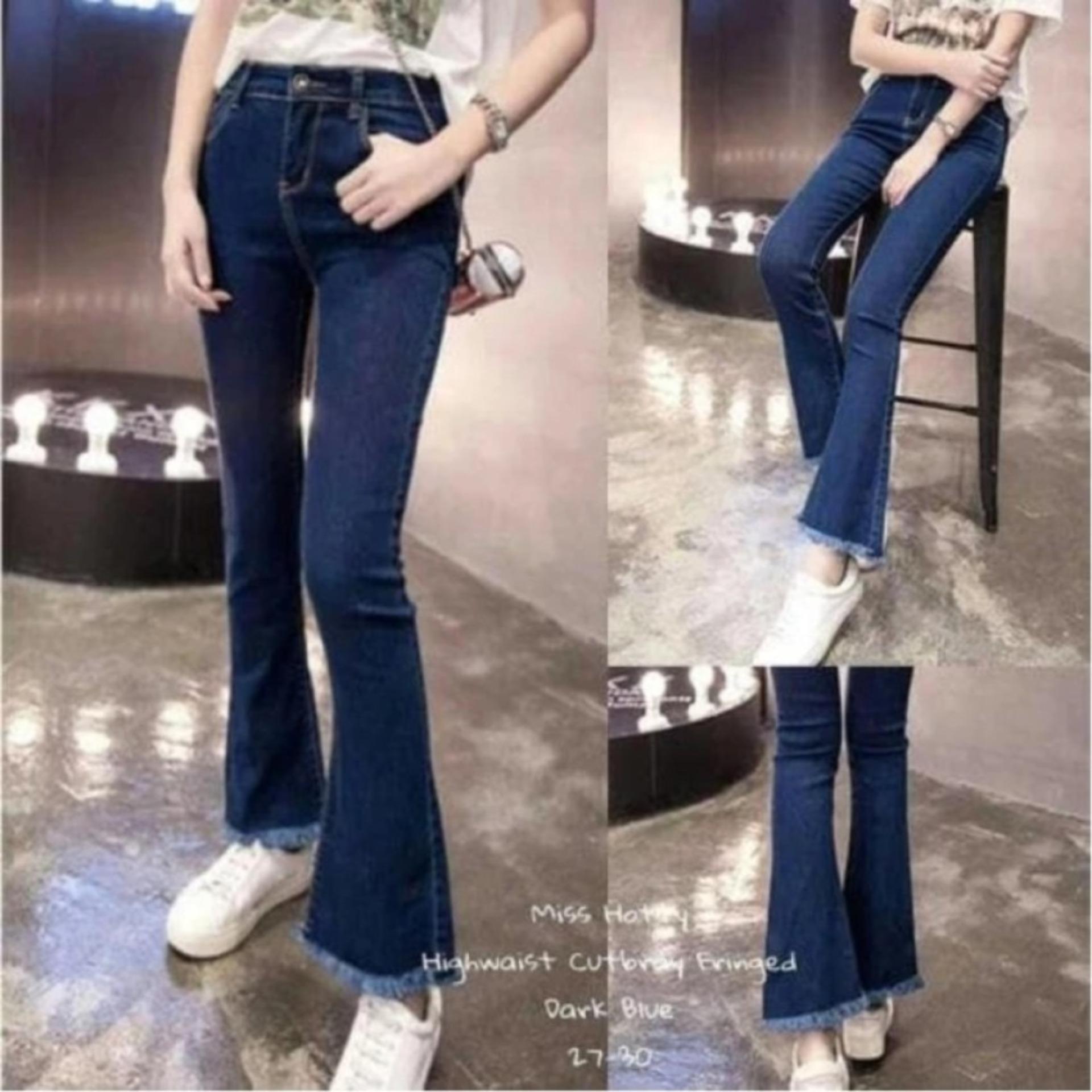 Celana Wanita Miss Hotty Fringe Cutbray Biru Tua Jeans Rumbai Rawis   