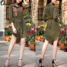 Celmia Wanita Fashion Lengan Panjang Kerah Tombol Bermotif Cetak Bunga Sifon Curve Hem Belted Mini Baju Kemeja Hijau Tentara- INTL