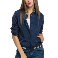 Celmia Wanita Ladies Fashion Lengan Panjang Berusuk Manset Kerah Bomber Jaket Bisbol Mantel Lebih Tahan Dr Angkatan Laut Biru-Intl