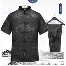 Cheongsam untuk Pria Cina Tradisional Tang Suit Jersey untuk Kung Fu Tai Chi Seragam Lengan Pendek Ukuran Lebih Atasan Mantel + Celana Set Hitam-Intl