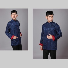 Cheongsam untuk Pria Cina Tradisional Tang Suit Dua Side Wear untuk Pernikahan, Perayaan, Festival China (biru + Merah)-Intl