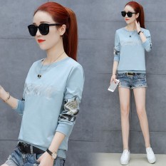 Feminim Bordir Angin Nasional Lengan Panjang Wanita Baju Dalaman Kaos (Biru)