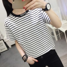Feminim Korea Modis Gaya Lengan Pendek Baru Siswa Kaos (Panjang Lengan Bergaris Baju Kaos Bordir Putih Kerah)