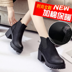 Chic Korea Fashion Style Perempuan Dr. Martens Bertumit Tinggi Sepatu Kulit (Hitam Ditambah Katun 720242)
