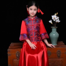 Anak Satin Cheongsam Pernikahan Bunga Perempuan Qipao 2018 Tahun Baru Gaun untuk Gadis Cina Gaya Musim Semi Gaun Emas Gaun Brokat -Internasional