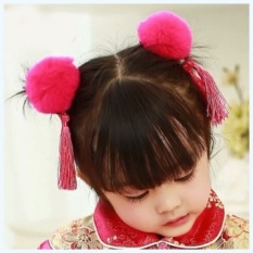 Gaya Cina Antik Hanfu Aksesoris Bayi Aksesoris Rambut Anak-anak Rabbit Bulu Bola Rumbai Tahun Baru Putri Jepit Rambut Klip (mawar Merah) -Internasional