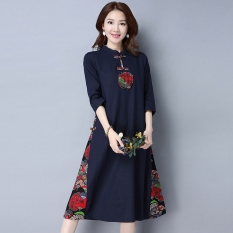 Chinese-style stitching cotton linen collar plate buttons dress Cheongsam (Biru tua) baju wanita dress wanita Gaun wanita