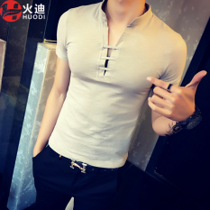 Cina Gaya Pria Leher-v Lengan Pendek Kaus (Abu-abu) Baju Atasan Kaos Pria Kemeja Pria