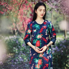 Gaun Cina Linen Biasa Gaun Kain Linen (Feng And Phoenix Gaun. Biru Tibet)