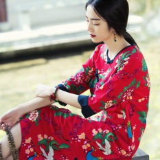 Gaun Cina Linen Biasa Gaun Kain Linen (Feng And Phoenix Gaun. Pada Merah)