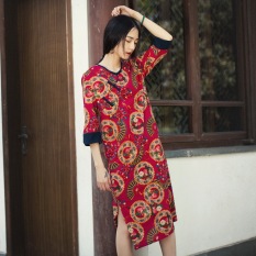 Gaun Cina Linen Biasa Gaun Kain Linen (Futon Tombol Piring Gaun (Mawar Bawah))