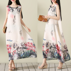 Cina Musim Panas Angin Lukisan Tinta Cetak Setengah Panjang Model Dress Tanpa Lengan Angin Nasional Gaun (Gambar Warna) baju wanita dress wanita Gaun wanita