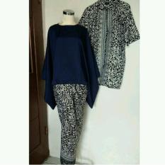 Cj collection Couple batik 3in1 stelan atasan blouse batwing dan rok lilit batik long skirt wanita jumbo dan atasan kemeja pria jumbo shirt Liona - navi
