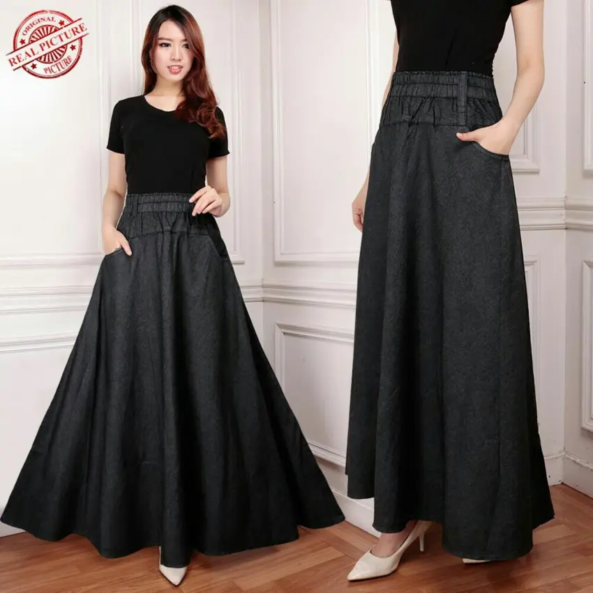 Harga cj collection rok jeans maxi payung panjang wanita jumbo long skirt | HARGALOKA.COM