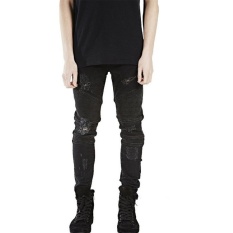 Perancang Busana Celana SLP Biru/hitam Hancur Mens Slim Denim jeans Lurus Biker Skinny Jeans Pria jeans Robek (hitam) -Intl