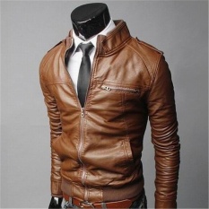 Cocotina Pria Kulit Domba Asli Jaket Tipis Pas PU Sepeda Motor Biker Mantel Hangat Coklat-Internasional