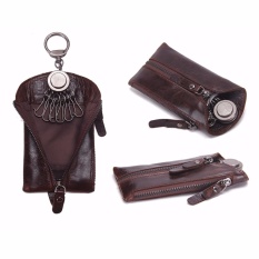 CONTACT'S Merek Kunci Dompet Pria Kulit Asli Keychain Kunci Mobil Wanita Zipper Tas Kunci (Dark Brown) -Intl